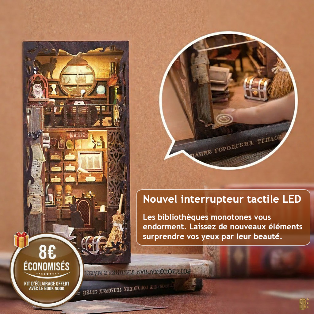 Éclairage LED intégré dans un book nook magique, ambiance chaleureuse